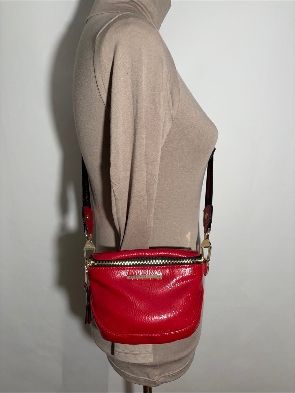 Quay Australia Red Patent Leather Red & Black Spellout Strap & Gold Tone Hrdware